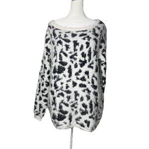 Women’s NY Collection Soft Fluffy Knit Sweater Black & White Animal Print Sz L